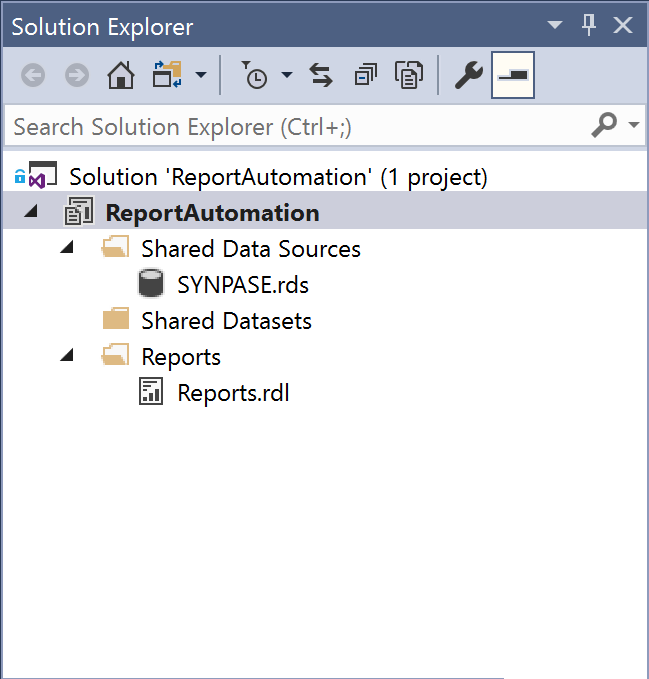 A screenshot of an SSRS Report in Solution Explorer. The Solution Explorer view is set to Solution.
