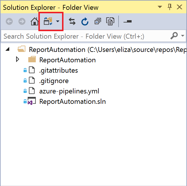 A screenshot of an SSRS Report in Solution Explorer. The icons for Solutions and Folders has been outline in a red box.
